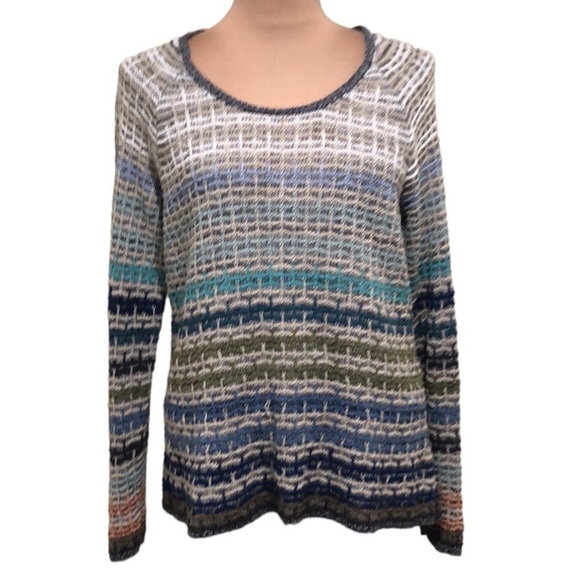 Nic + Zoe Sweater Size Large Gray Tan Blue Striped Linen Blend Pullover - Picture 1 of 10